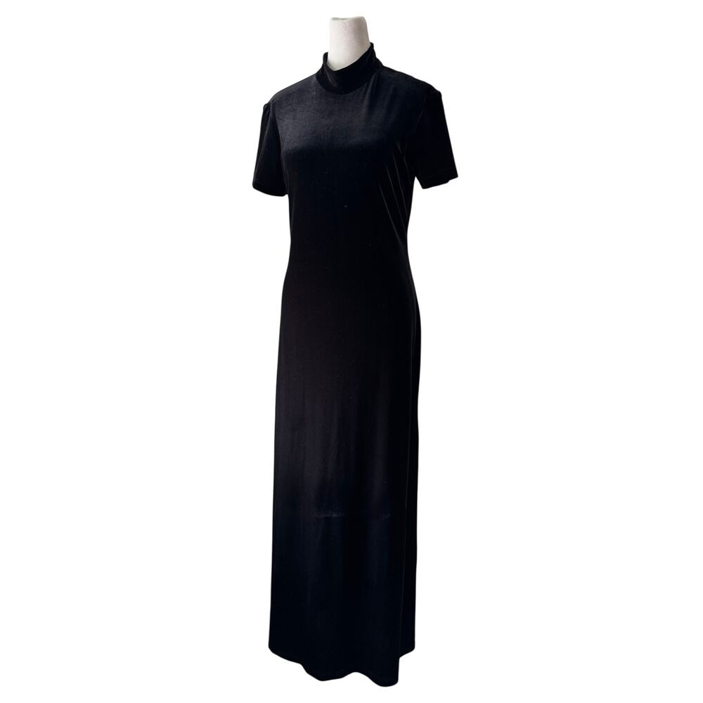 Vintage ‘90s Mica Black Velvet Mock Neck Short Sleeve Bodycon Maxi Dress